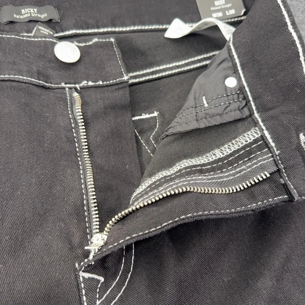 True Religion Ricky Relaxed Straight Jeans Mens 36 Rinse Black Contrast Stitch